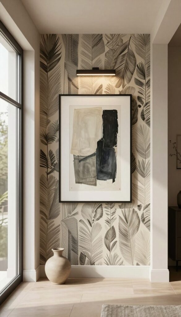 Living room alcove with bold patterned wallpaper and a large framed artwork centered inside, lit by a picture light