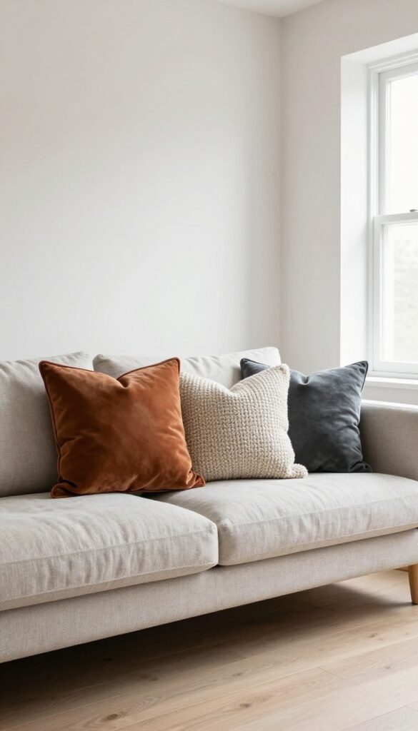 Bright living room sofa styled with a layered mix of textured throw pillows in varied sizes and colors