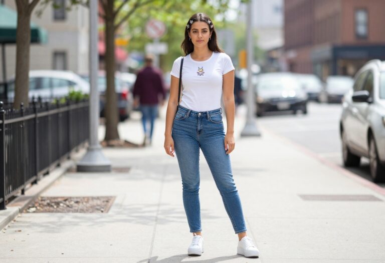 Woman wearing a Y2K outfit with a baby tee, low-rise jeans, and platform sneakers, standing on a city street.