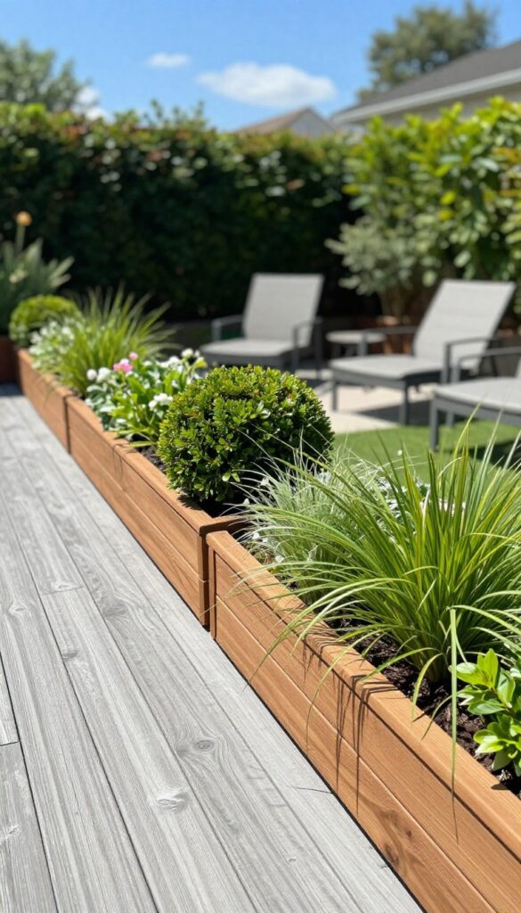 Built-in wooden planter boxes along a backyard deck railing filled with ornamental grasses, boxwoods, and trailing flowers in bright natural light