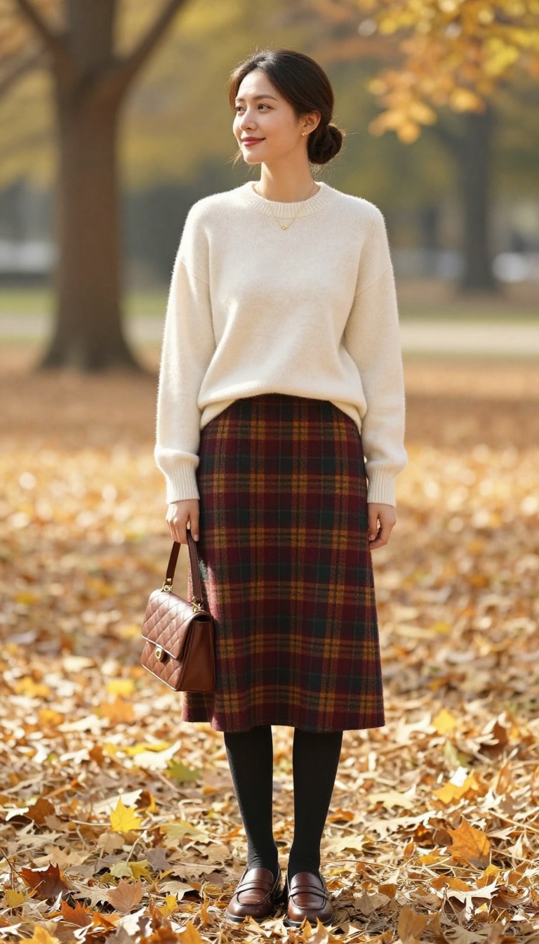 8. Plaid Wool Skirt & Cashmere Crewneck