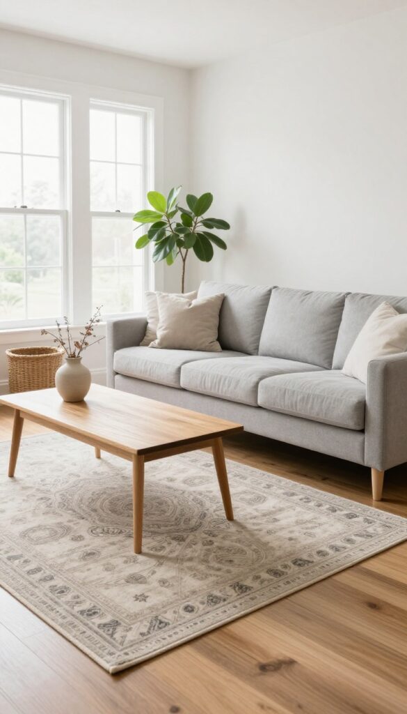 Bright relaxed living room with a chunky light gray sofa sitting on a large subtly patterned area rug that extends past both sides, with a coffee table fully on the rug over warm hardwood floors.