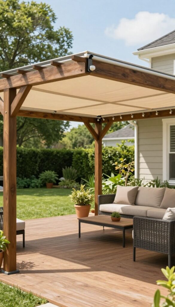 Wooden backyard deck with a pergola and retractable beige canopy partially extended over outdoor seating, surrounded by greenery in bright natural light