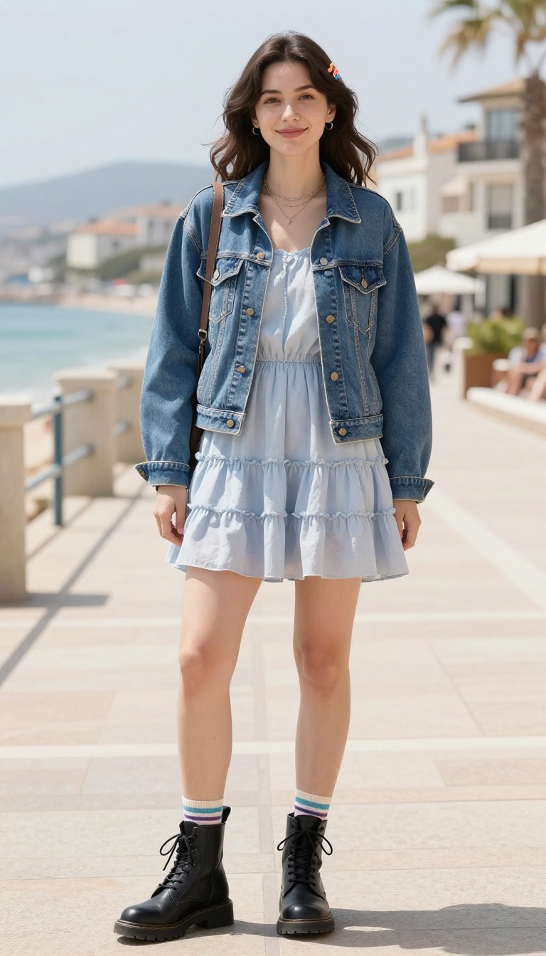 14. Tiered Mini Dress + Denim Jacket + Combat Boots