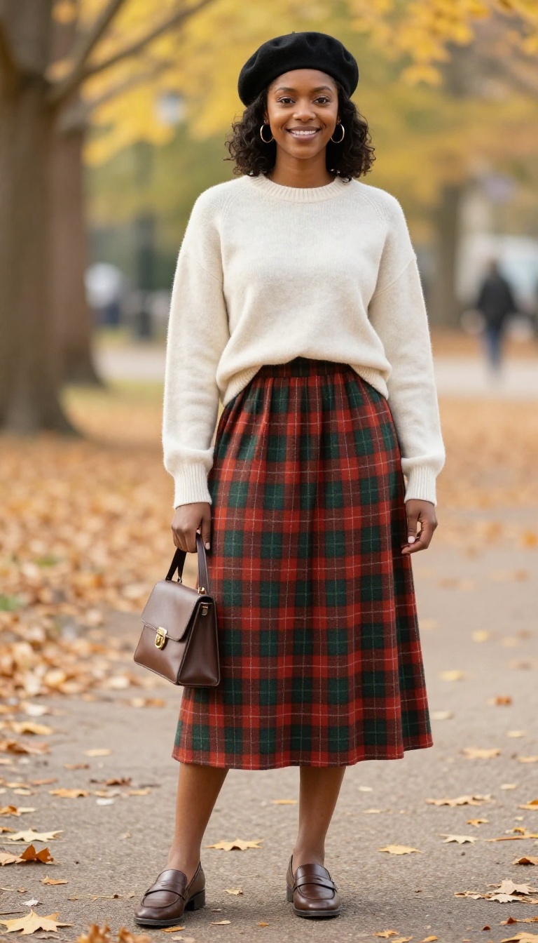 6. Plaid Skirt with a Cashmere Sweater and Loafers