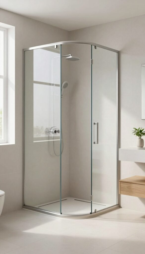 Bright modern bathroom with a curbless shower cubicle, continuous tile floor flowing into a glass-enclosed shower with a linear drain and natural light.