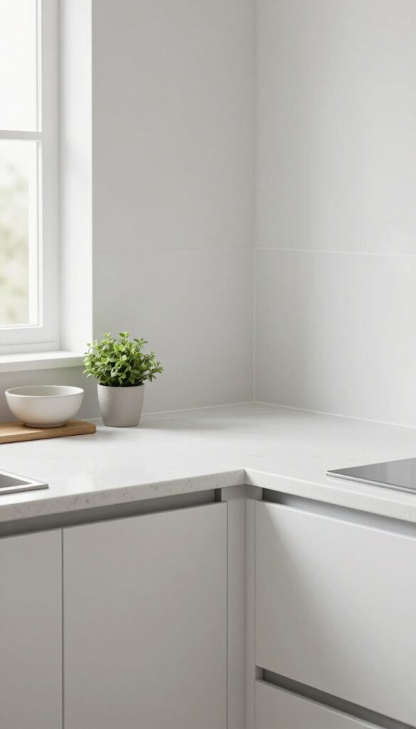 Modern kitchen corner with a white quartz countertop extending up the wall as an integrated backsplash, creating a seamless high-end look.