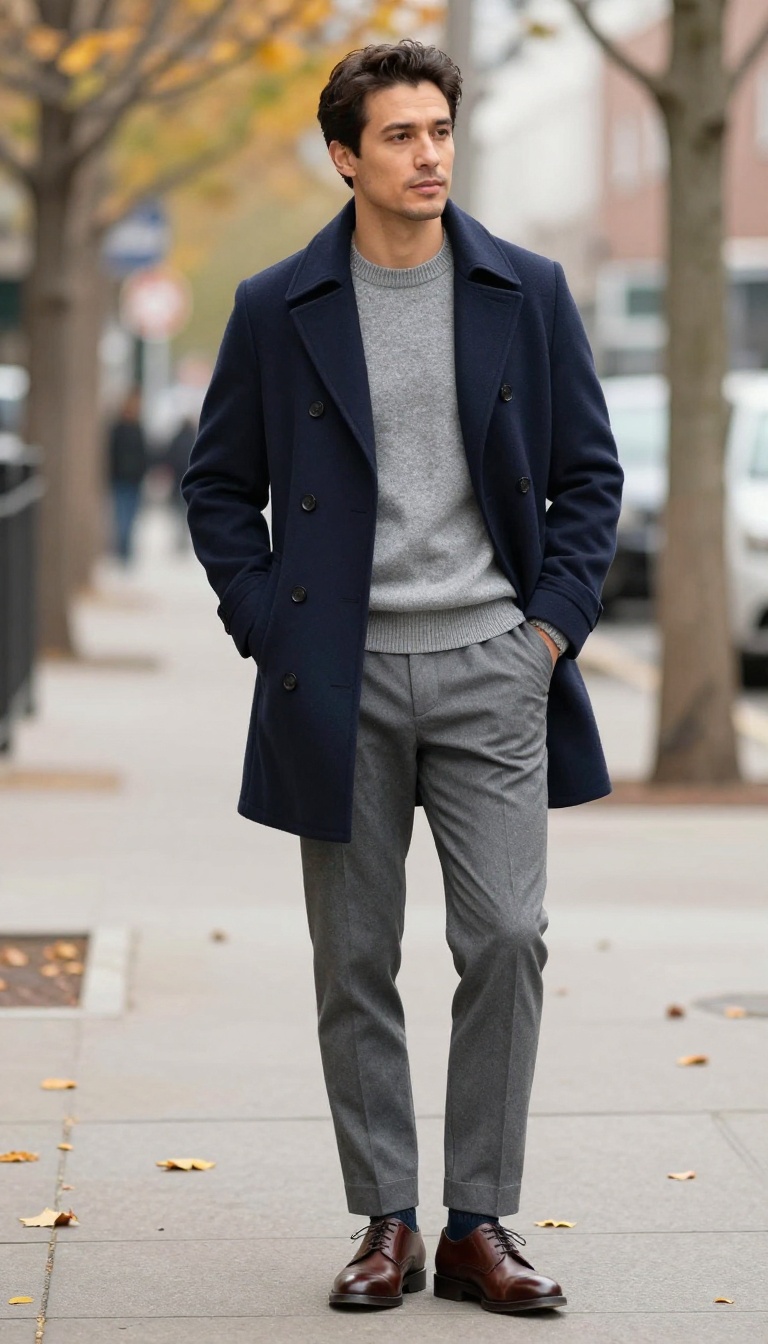 5. The Navy Peacoat and Grey Flannel Trousers