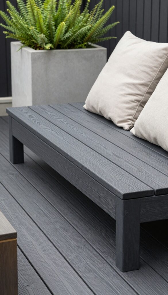 Modern charcoal-stained wood deck with visible grain, light cushions, and pale planters in bright natural daylight