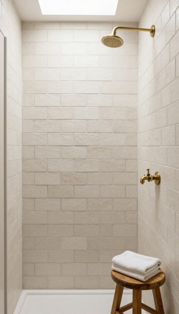 Rustic shower with staggered brick-style tile walls in warm off-white and clay tones, matte finish, and darker grout lines under bright natural light.