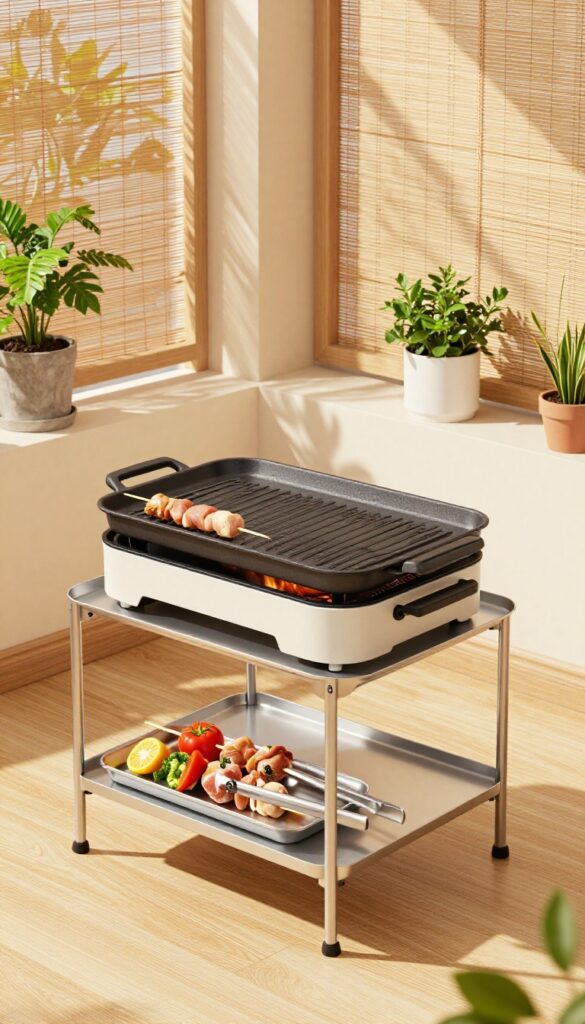 Compact electric grill set up on a heat-resistant table in a bright urban balcony cooking corner with fresh vegetables and skewers ready to cook