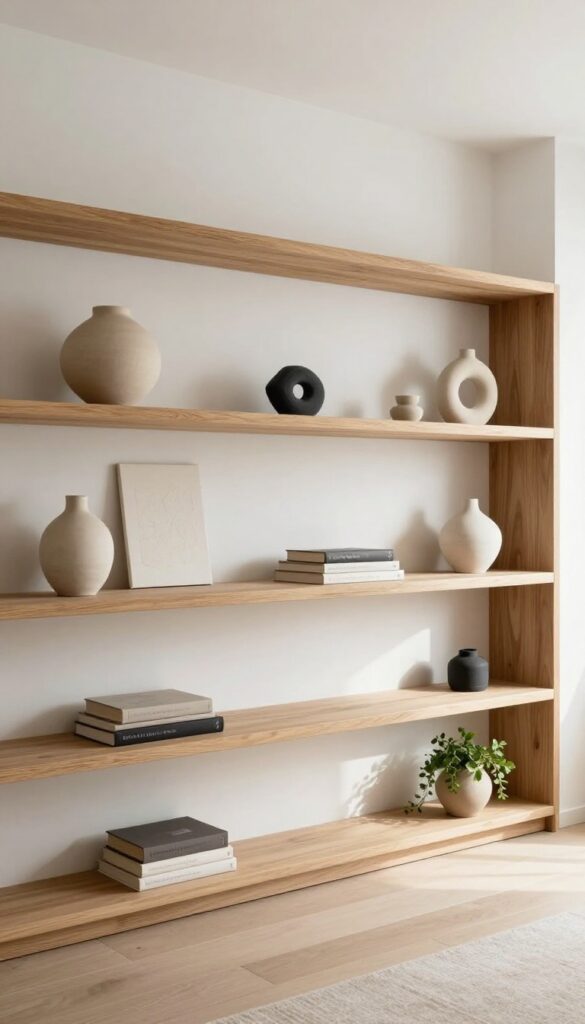Minimal organic modern open wood shelving styled with sculptural ceramics, a trailing plant, neutral books, and abstract art, with ample negative space in a bright living room