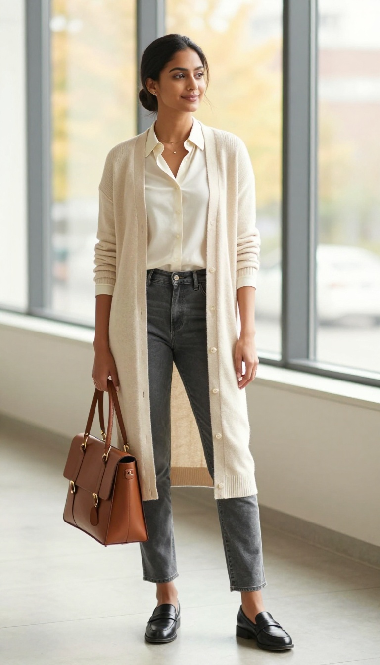 3. Longline Cardigan and Slim Flares for Work