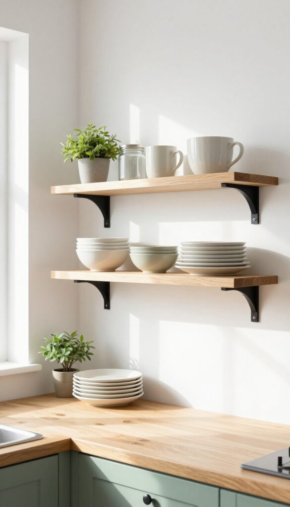 Sage green open kitchen shelves with black brackets styled with neutral dishware and a small plant against a white wall in a bright airy kitchen.