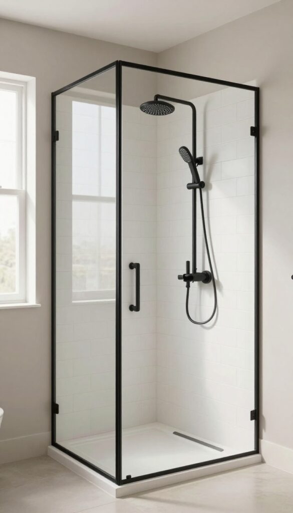 Modern walk-in shower with matte black fixtures contrasting against white tiles in a bright neutral bathroom