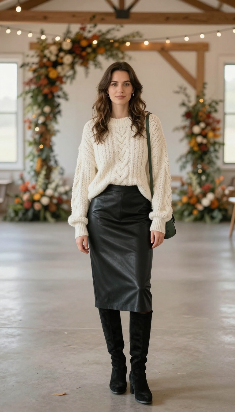 3. Leather Skirt with a Chunky Knit and Over-the-Knee Boots