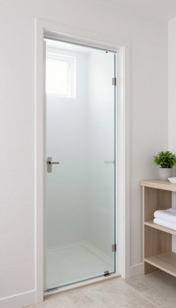 Bright small shower room with a minimalist pocket door sliding into the wall, leaving open floor space and a clean, uncluttered layout.