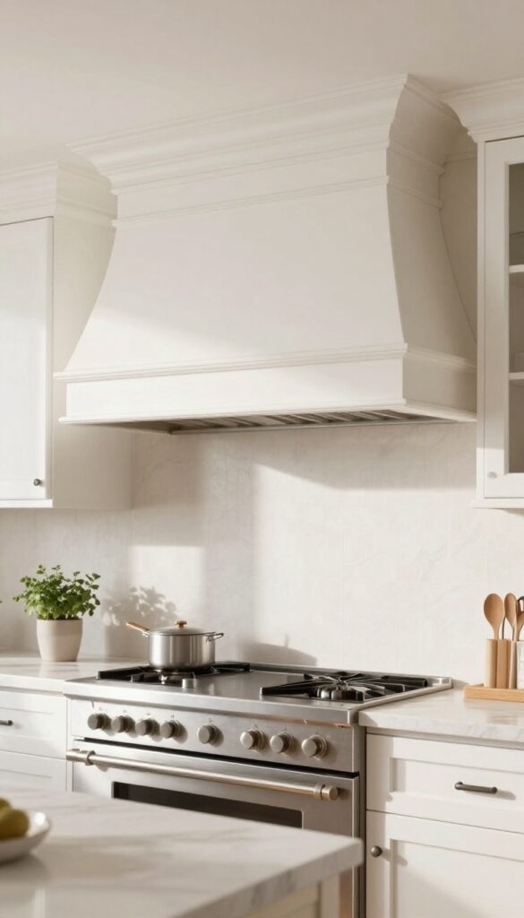 Bright kitchen with a custom white range hood cover featuring decorative crown molding and panel trim above a stainless steel stove, matching the room's crown molding in natural light.