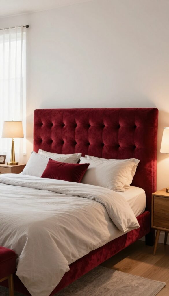 Bedroom with a tall tufted dark red velvet headboard, cream and light gray bedding, and warm brass bedside lamps in bright natural light