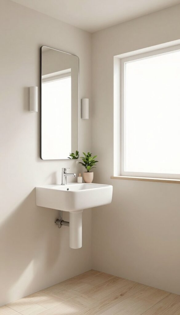 Bright tiny house bathroom with a large frameless wall mirror above a small vanity, reflecting light to make the compact space feel bigger.