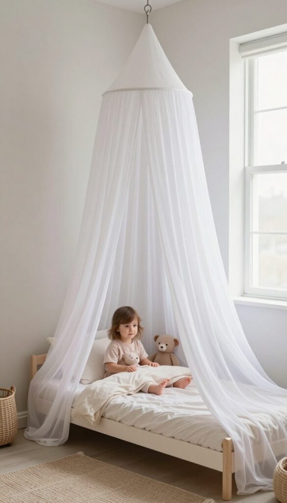 A bright toddler girl bedroom corner with a sheer white canopy draped over a small bed, creating a cozy nook with soft blush bedding and natural light.