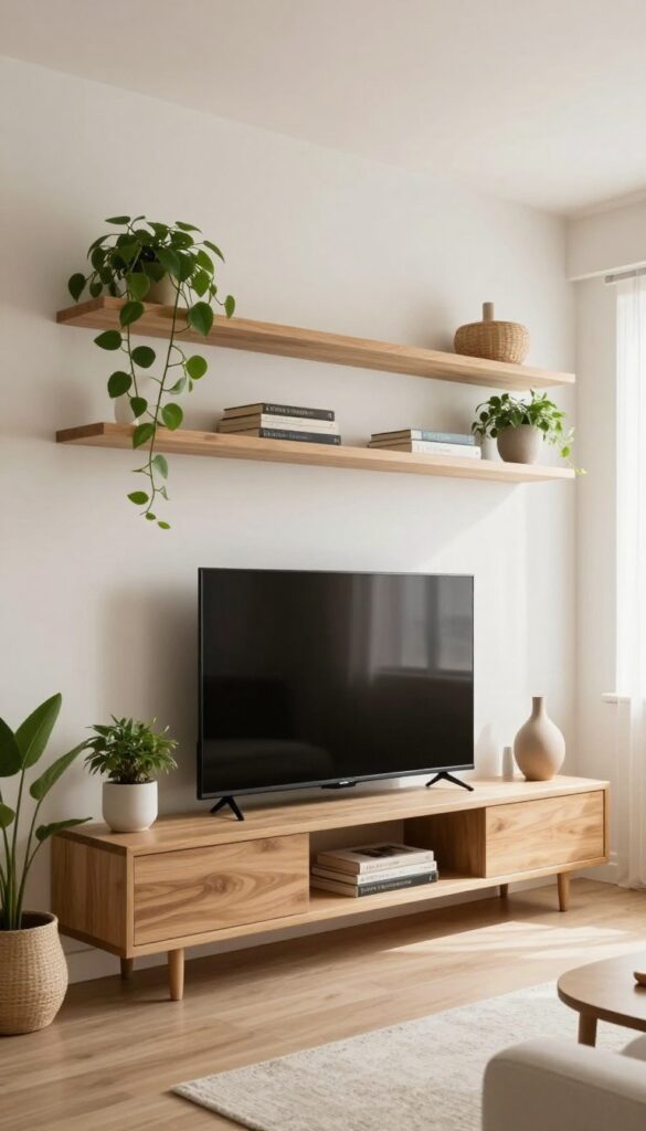Modern living room with a wall-mounted TV framed by floating wooden shelves styled with plants, books, and a vase in a bright neutral space
