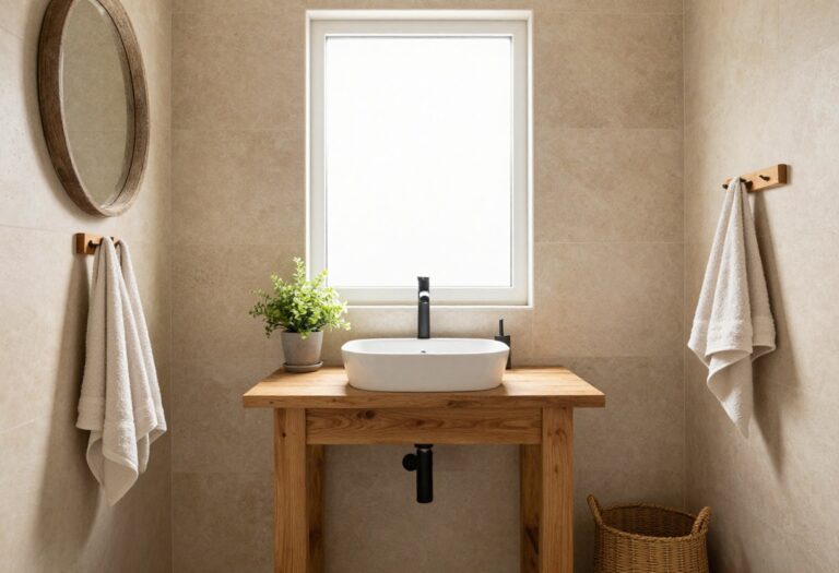 Cozy small rustic bathroom with a reclaimed wood vanity, vessel sink, and warm natural light