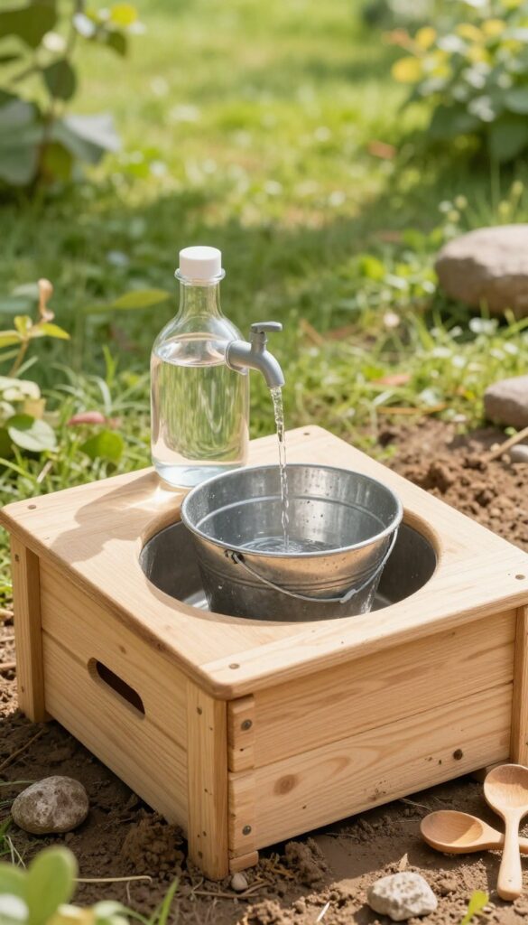 A bright outdoor mud kitchen with a wooden counter, metal bowl sink, water jug with spigot, and bucket underneath, surrounded by mud, leaves, and rocks in a sunny garden.