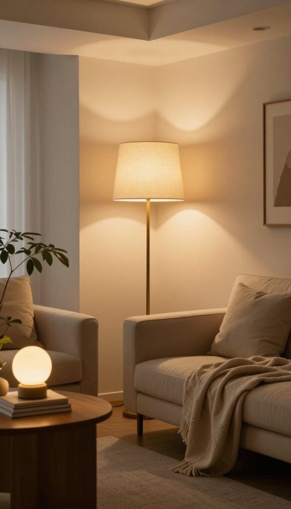 Cozy living room at night lit by a brass floor lamp, a ceramic table lamp, and a wall sconce, creating warm layered lighting around a neutral sofa and armchair.