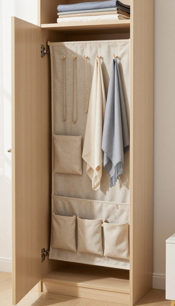 Open small bedroom cupboard door with a slim fabric organizer panel holding jewelry, scarves, and small accessories, bright natural light, clean neutral interior.