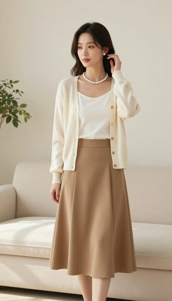 Woman in a pleated skirt, cardigan, and pearl necklace, standing in a bright minimalist living room, embodying an old money refined style.