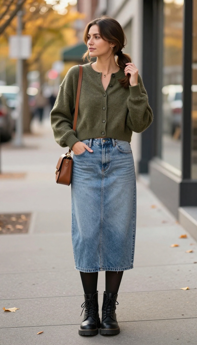 4. Denim Skirt with Tights and Chunky Boots