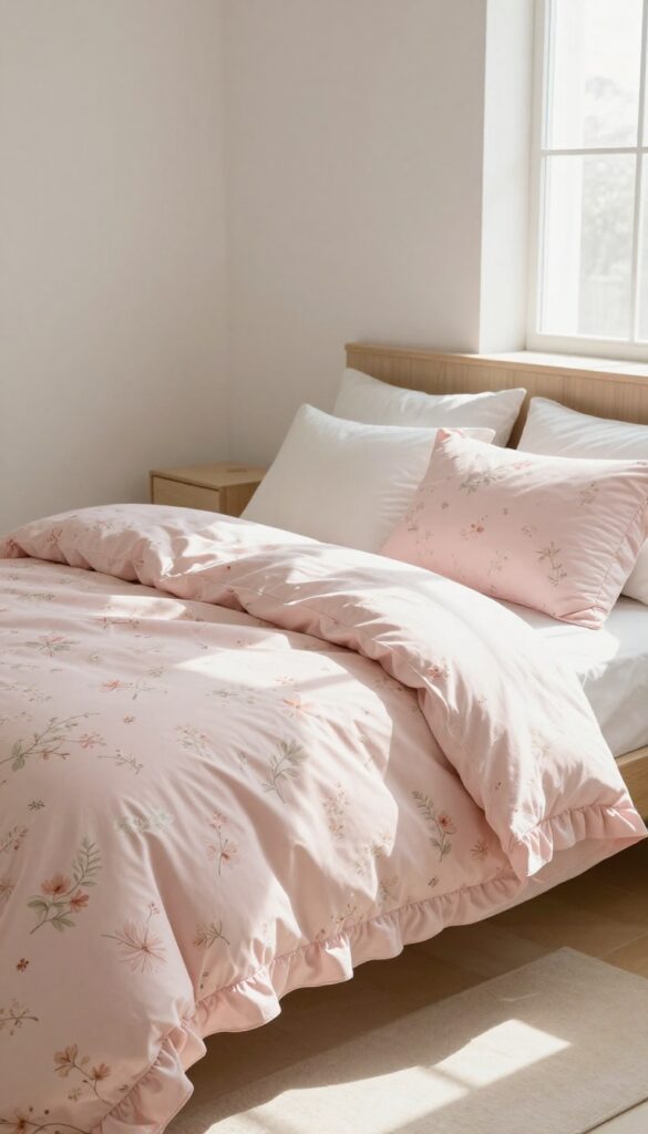 Romantic bedroom with ruffled pink floral bedding in soft natural light, styled with simple pillows and minimal decor for a cozy, elegant look.