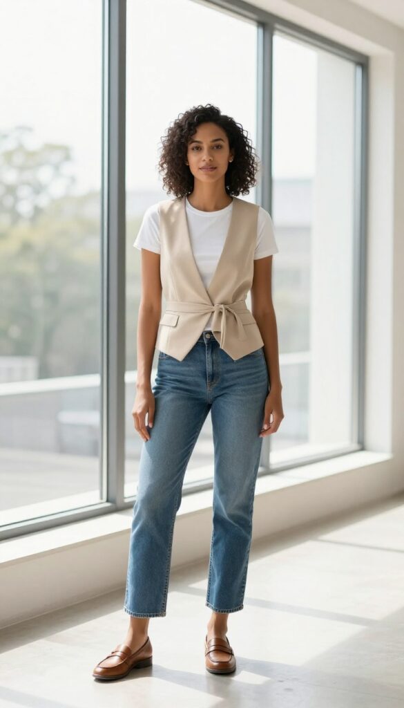 Woman in tailored vest and jeans with loafers, old money style