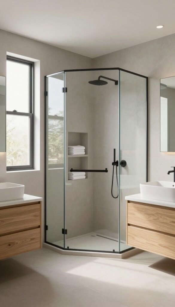 Bright modern square bathroom with a frameless glass corner shower, light gray large-format tiles, and an open center floor that improves circulation.