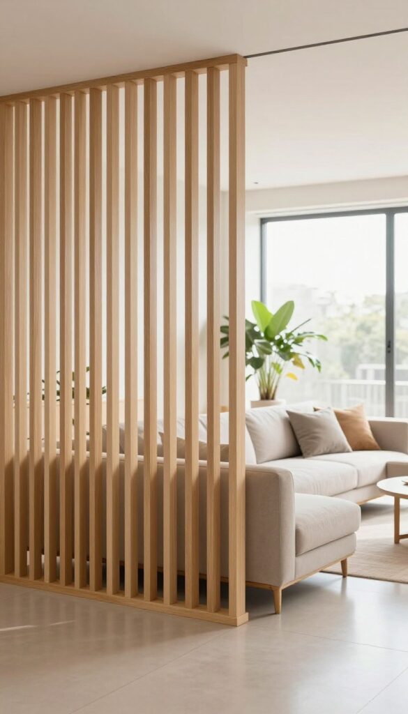 Bright modern living room with a floor-to-ceiling light oak slatted wood partition separating the living and dining areas