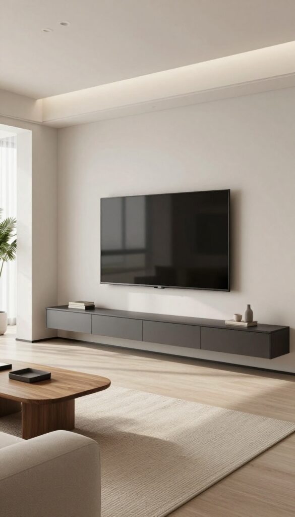 Modern living room with a floating wall-mounted TV unit in matte charcoal, flat-screen television above, light neutral sofa, bright natural light, and open floor space underneath.