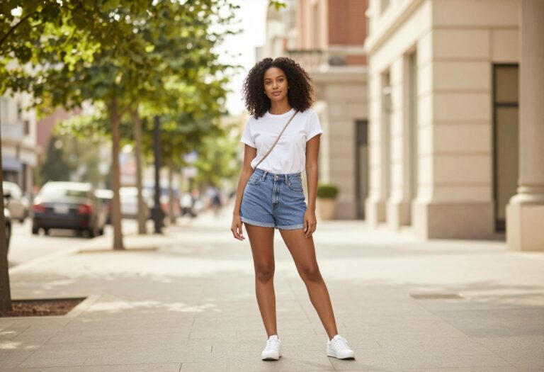 Woman wearing denim jean shorts and a white t-shirt styled for a casual summer outfit in bright natural light