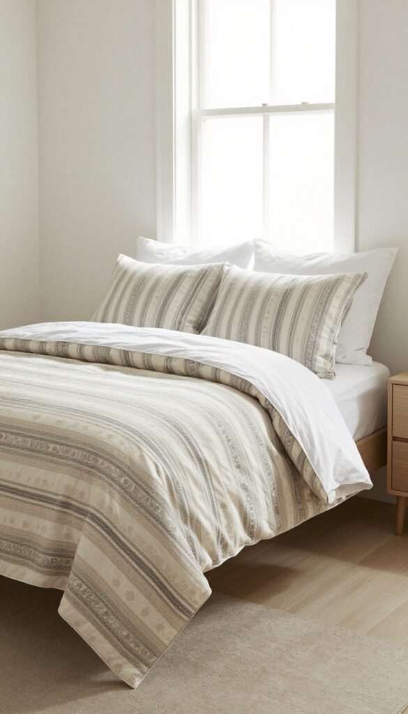 Cozy bedroom with a bold patterned comforter as the focal point, solid white pillows and sheets, neutral furniture, and bright natural light