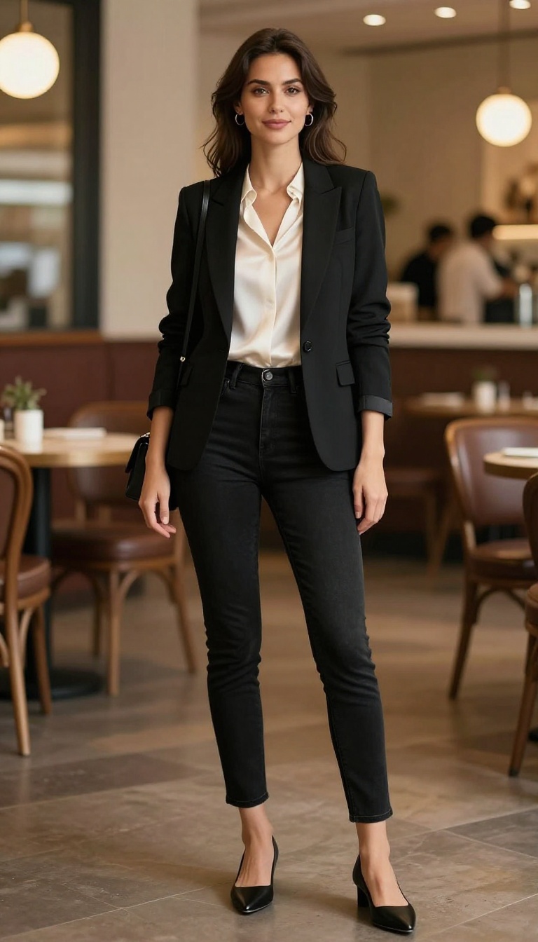 2. Black Skinny Jeans with a Silk Blouse and Blazer