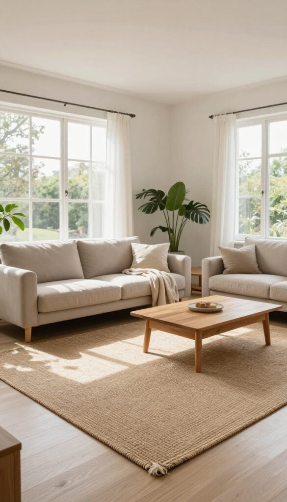 Bright open living room with a large jute rug layered under a smaller patterned rug, anchoring the sofa and coffee table to visually define the living zone.