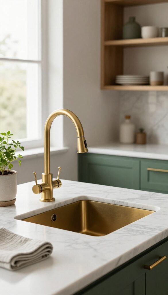 Brushed brass kitchen sink with matching faucet set in white marble countertop and deep green cabinets, styled with warm wood accents and bright natural light.