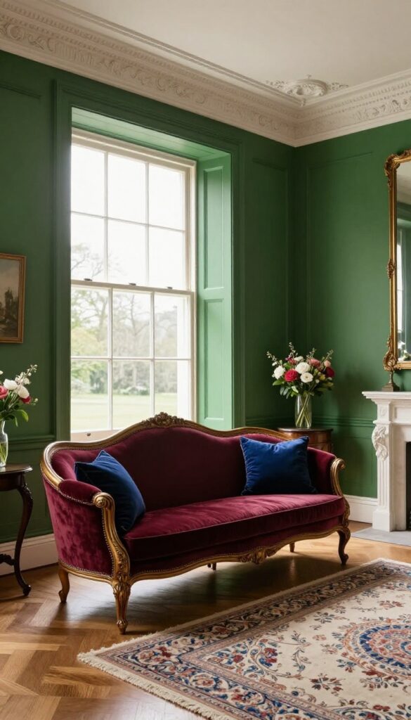 Victorian living room with deep forest green walls, ornate white trim, a burgundy velvet sofa, brass accents, and bright natural light through tall windows.