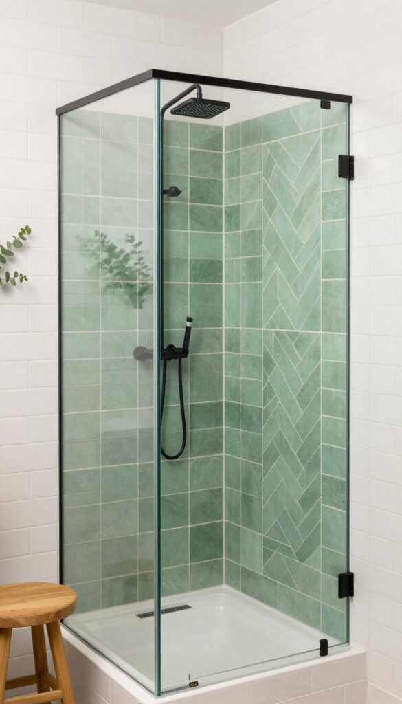 Forest green herringbone tile accent wall inside a bright modern shower with glass enclosure and neutral side walls