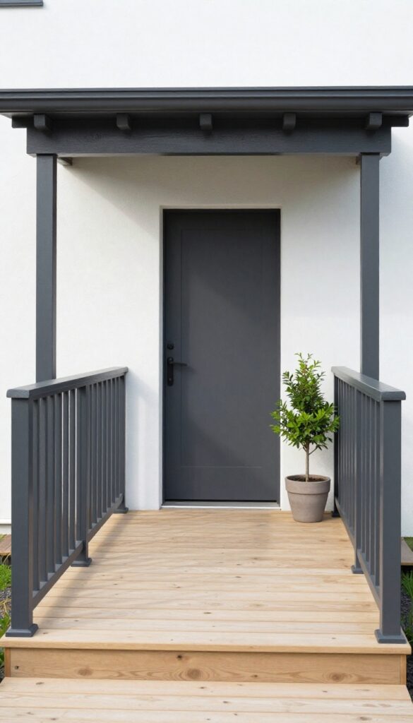 Modern front entrance deck with a wraparound railing of horizontal charcoal slats and a light wood deck in bright natural light.