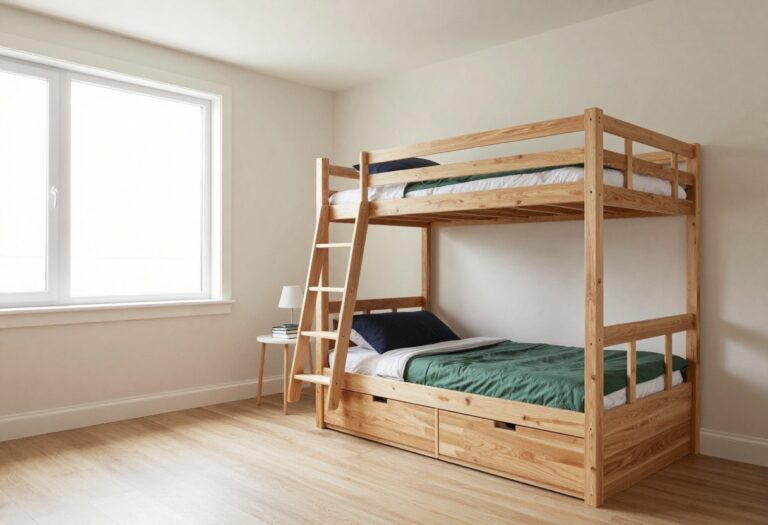 Bright boys bedroom with built-in wooden bunk beds and under-bed storage drawers in a clean, modern space