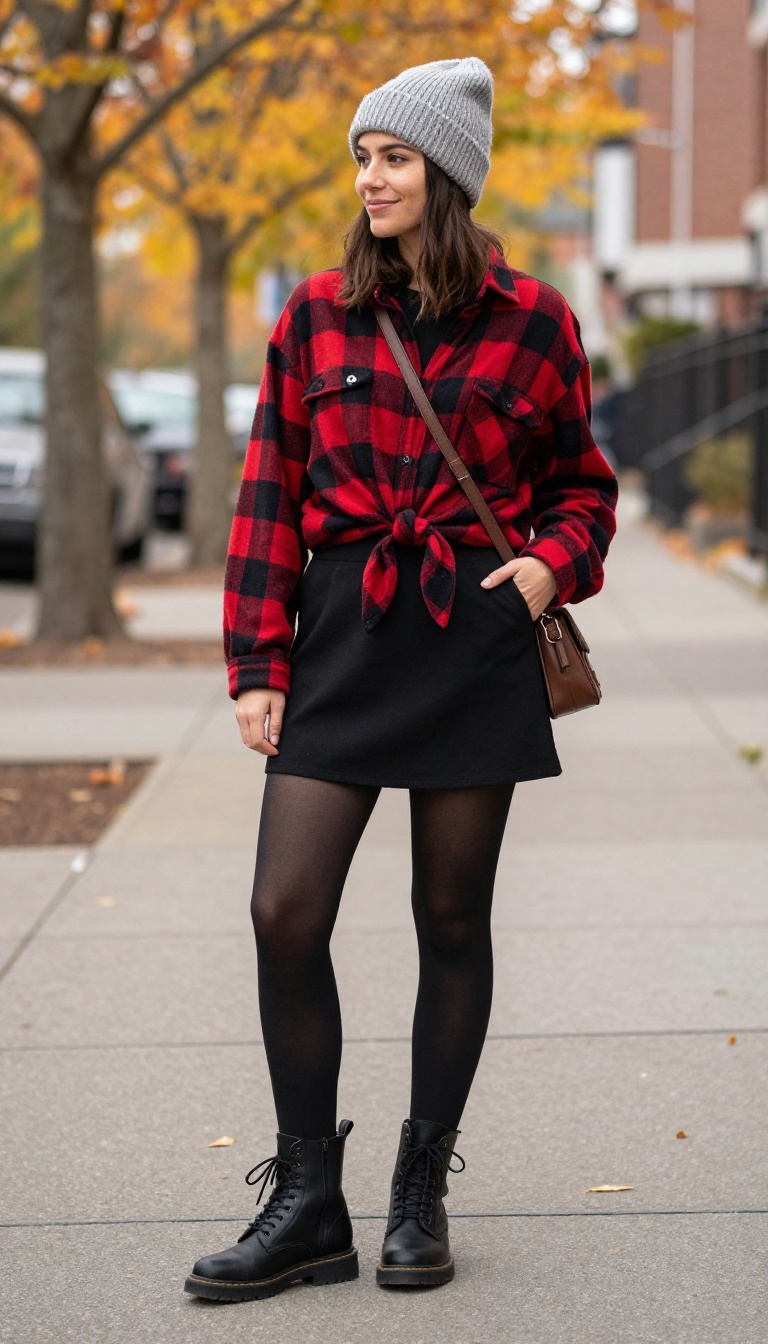 5. Flannel Shirt and Mini Flared Skirt with Tights