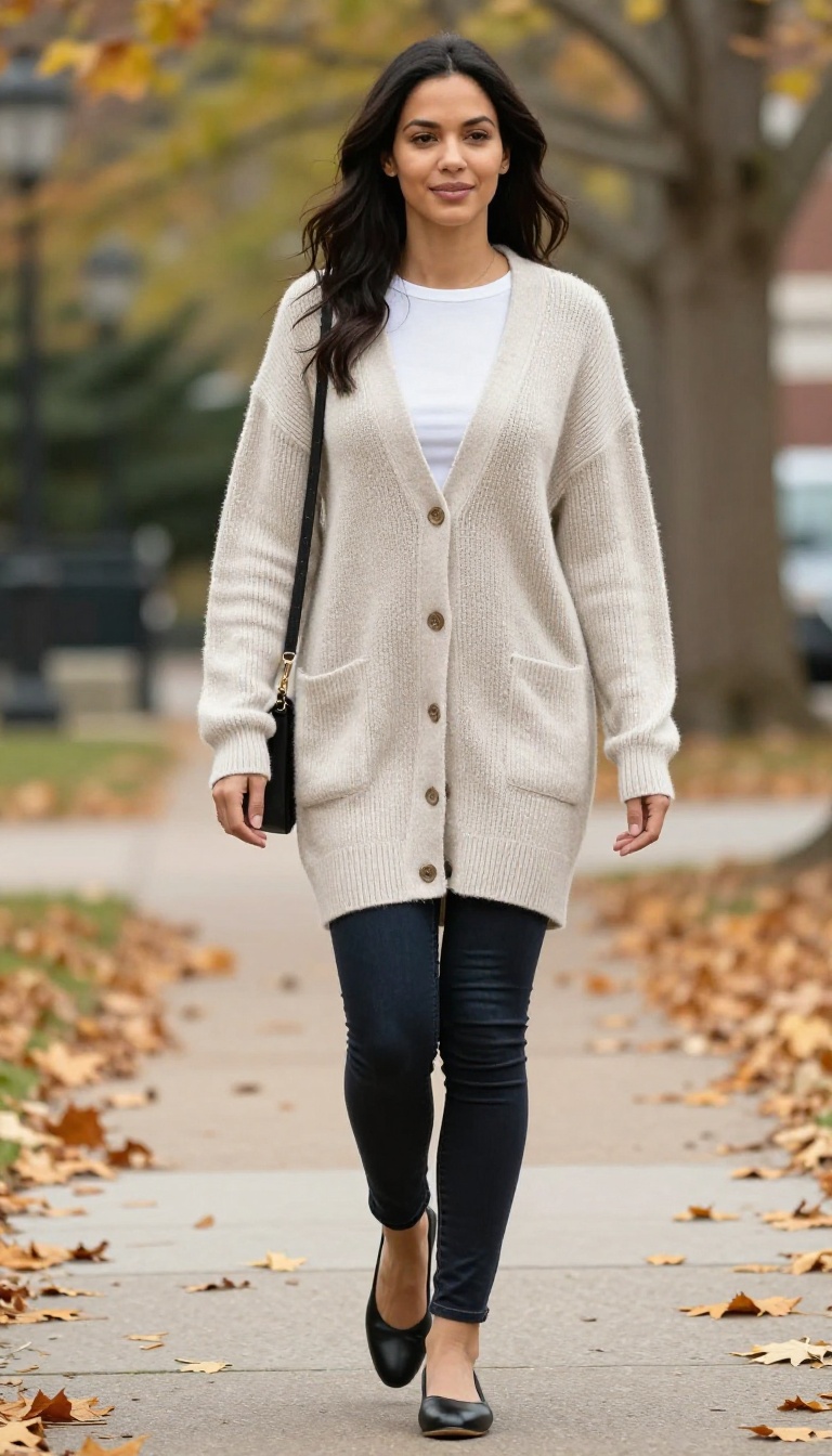 6. Longline Cardigan and Skinny Jeans with Ballet Flats