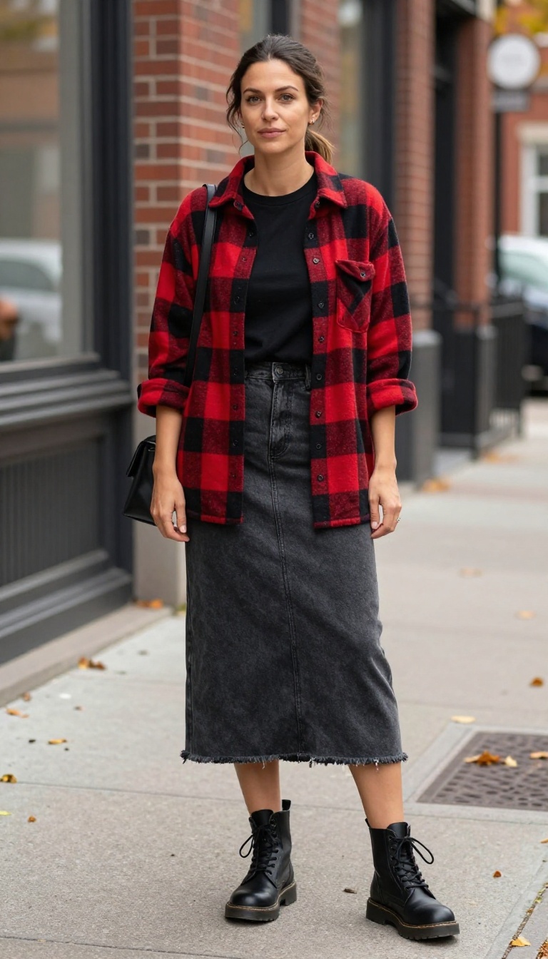 3. Raw-Hem Midi Skirt with a Plaid Flannel and Combat Boots