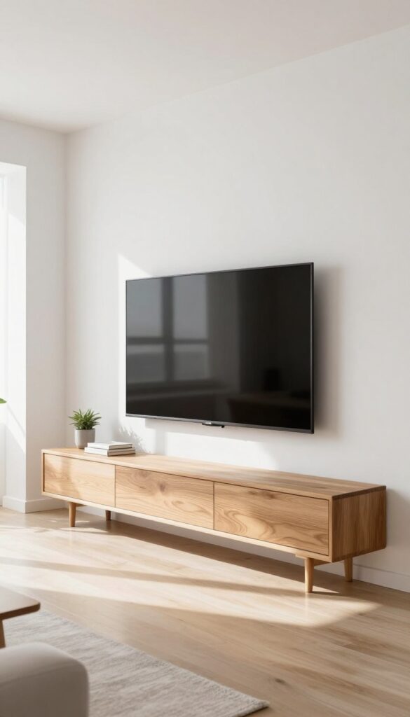 Modern living room with a floating wood media console mounted on a white wall beneath a wall-mounted TV, leaving open floor space underneath in bright natural light.